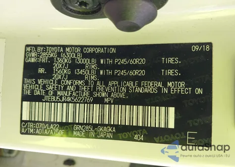 2019 Toyota 4Runner Limited z USA, uszkodzony, nr VIN JTEBU5JR4K5622769